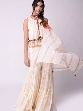 Shwetanga Boho Ivory Tiered Sharara Set with Sheer Dupatta